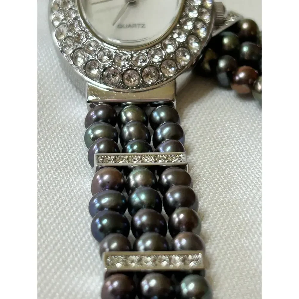 Croton Women's Mother of Pearl Watch & Bracelet Set Crystal Halo Tahitian Pearl